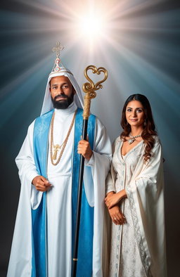 A man wearing holy garments in shades of white and blue, symbolizing purity and divinity, standing proudly with an air of reverence