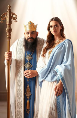 A man wearing holy garments in shades of white and blue, symbolizing purity and divinity, standing proudly with an air of reverence