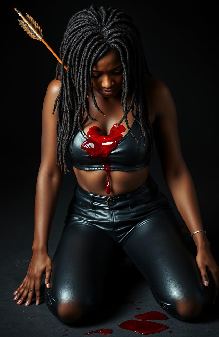 A dramatic scene featuring a female figure, depicted with beautiful chocolate skin, who has dreadlocks falling loosely around her face, concealing her features