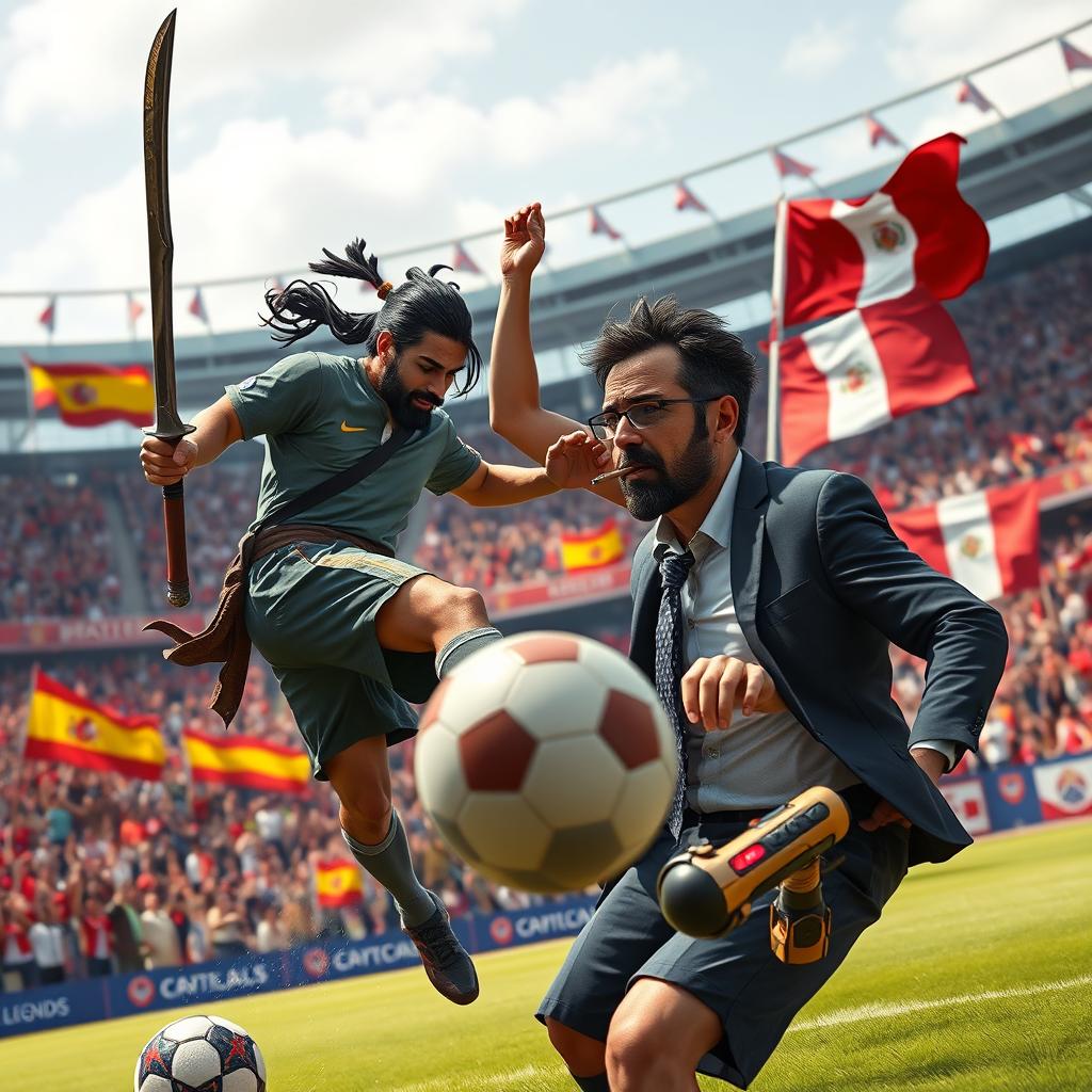 An imaginative scene featuring Yasuo from League of Legends, with his iconic sword, playing soccer with Spanish politician Santiago Abascal, who is casually smoking a cigarette