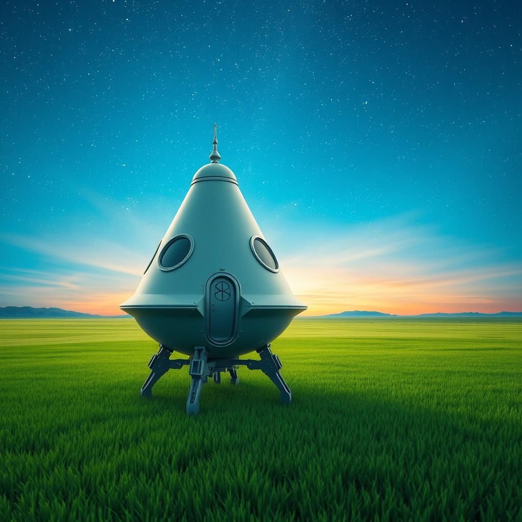 A photorealistic and surrealistic scene depicting a dreamy green plain under a stunning blue sky filled with stars
