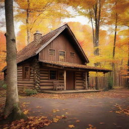 A rustic, wooden cabin in the woods surrounded by autumn leaves