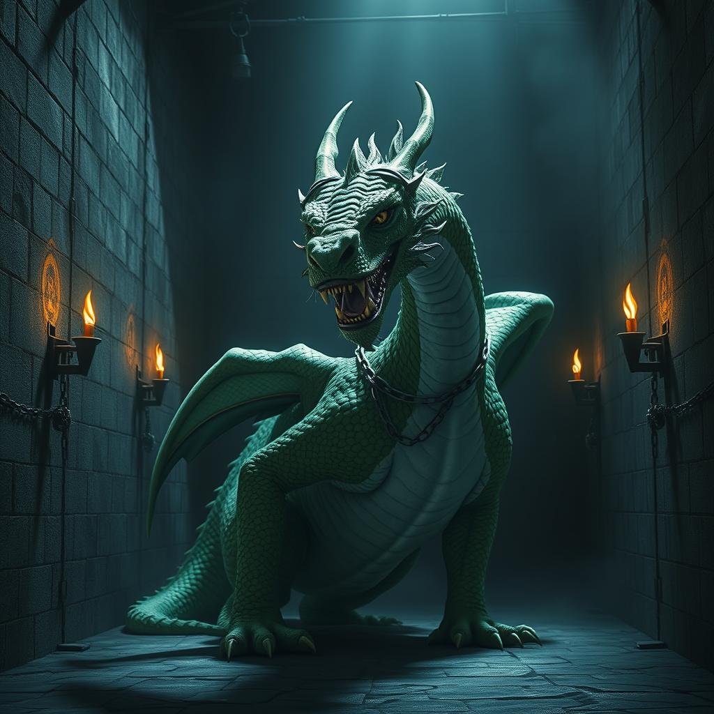 A striking scene inside a large prison featuring a majestic dragon imprisoned in one of its grand cells