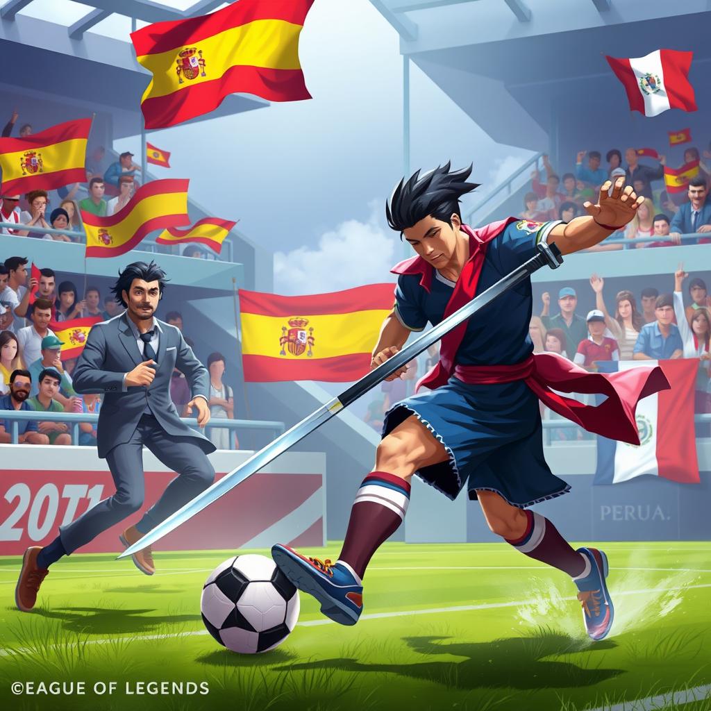 Yasuo and Yone from League of Legends, depicted in a vibrant football match setting, with Yasuo skillfully dribbling a football using his sword, while Yone is poised to support him