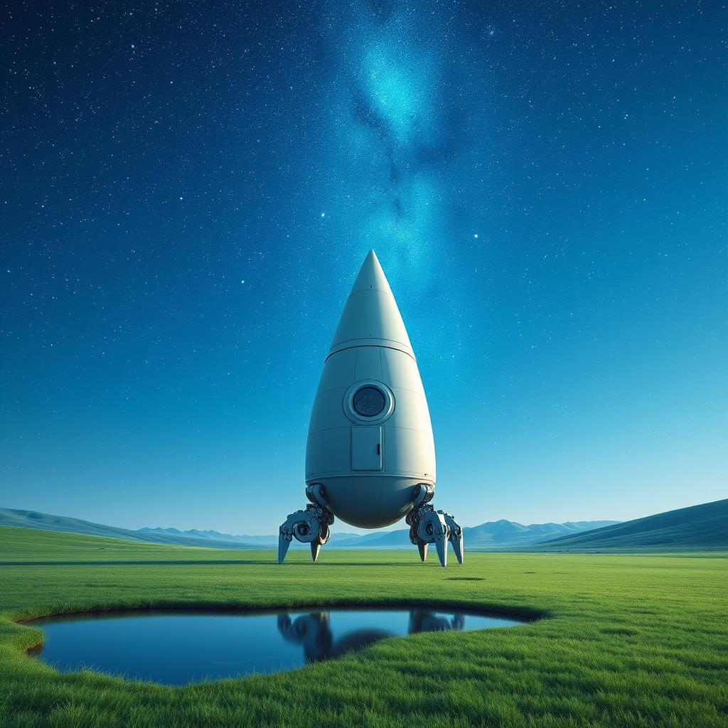 A photorealistic dreamy landscape featuring a lush green plain under a mesmerizing blue starry sky