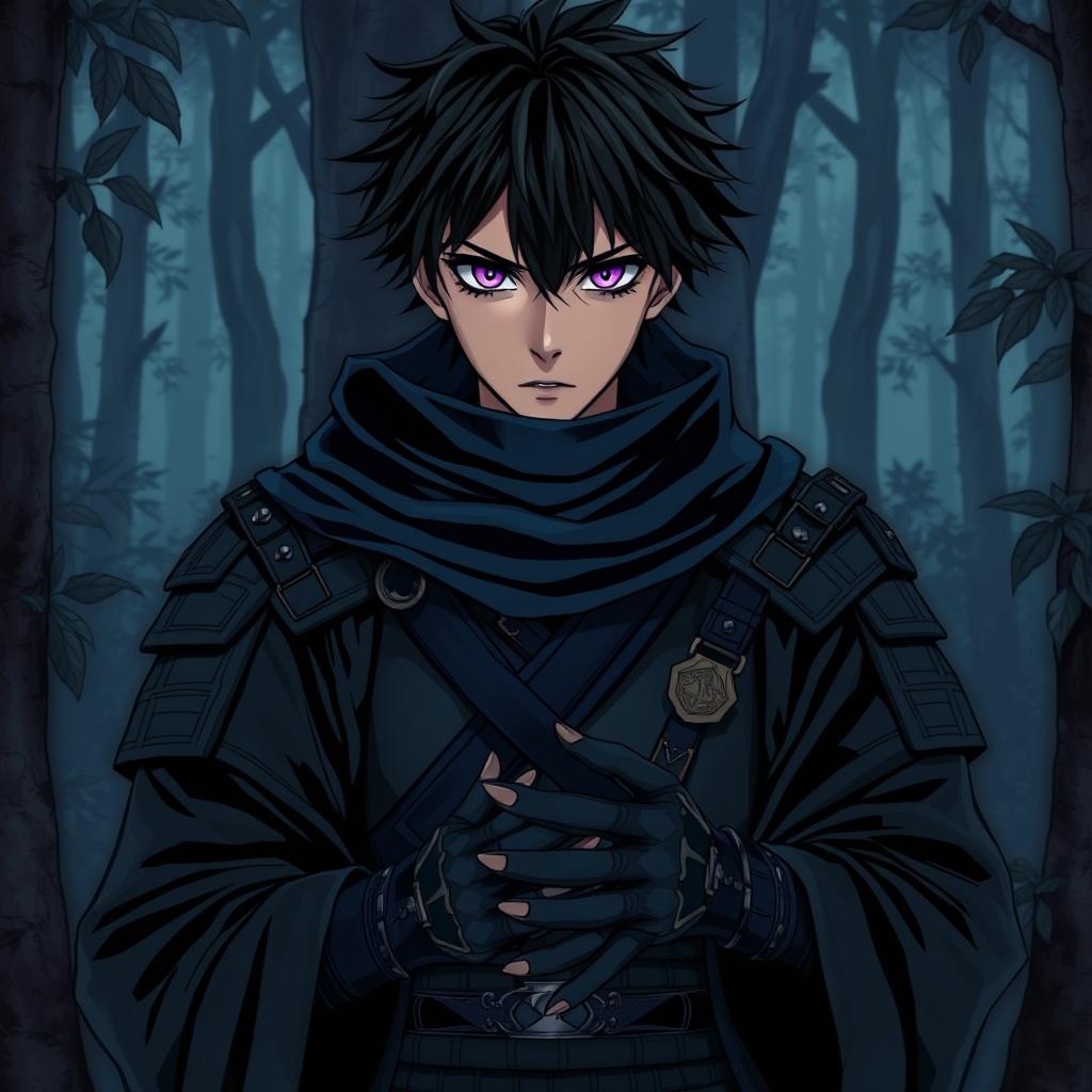 A captivating light novel cover featuring a male shinobi dressed in intricate black and blue ninja armor