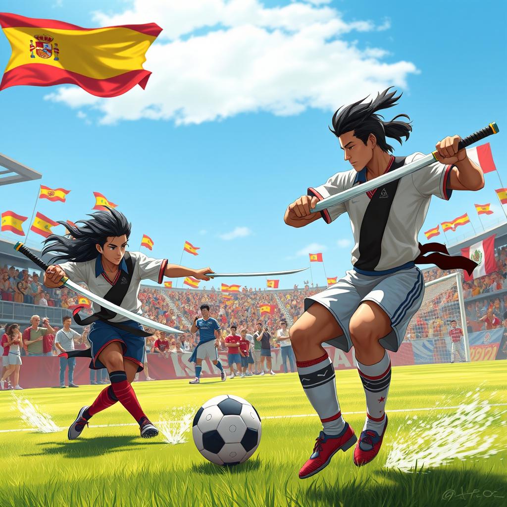 Yasuo and Yone from League of Legends, both with their traditional swords, engaged in a lively soccer match