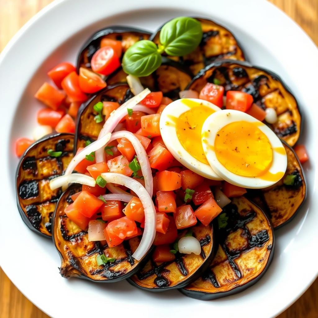 A deliciously arranged plate of grilled eggplant, showcasing perfectly charred slices that highlight their smoky flavor
