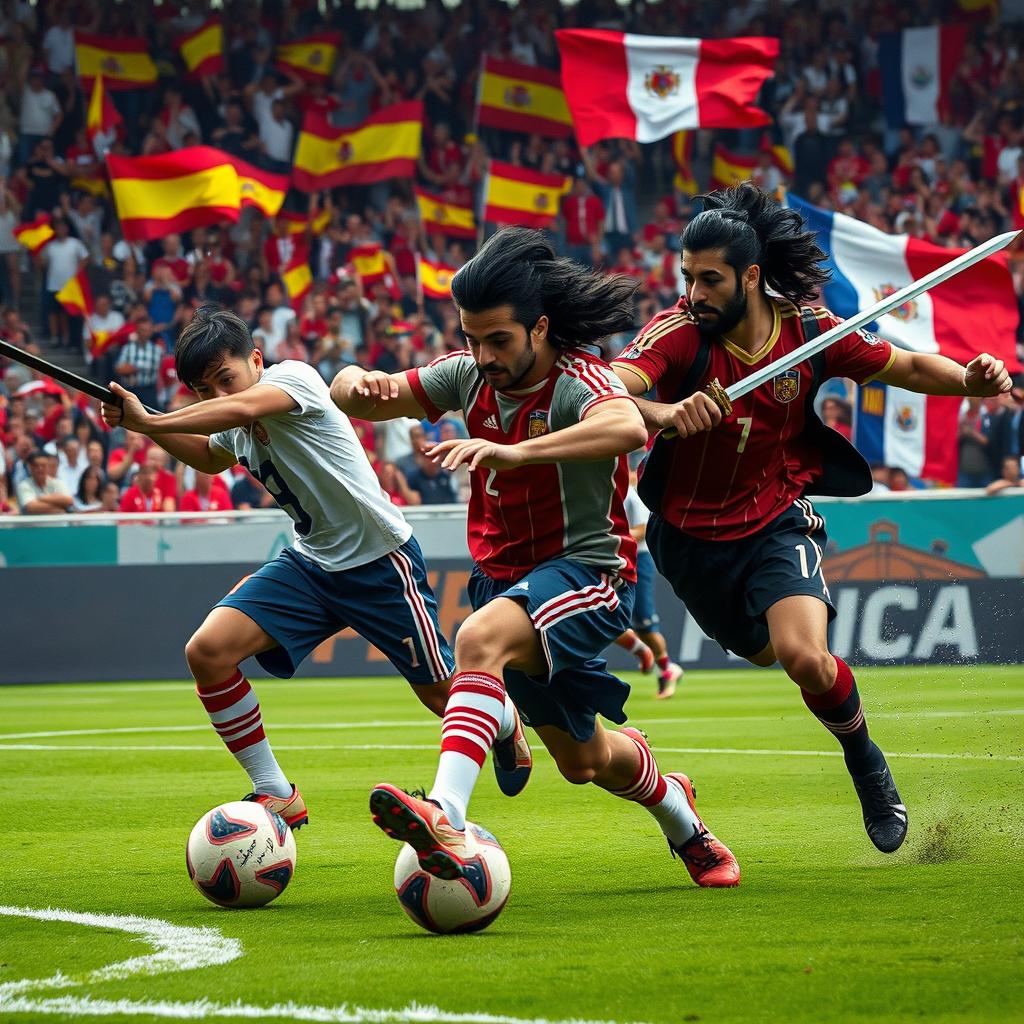 Yasuo and Yone from League of Legends, each wielding their distinctive swords, energetically playing football against Santiago Abascal, who is casually smoking a cigarette