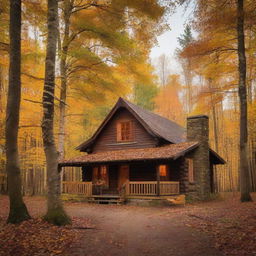 A rustic, wooden cabin in the woods surrounded by autumn leaves