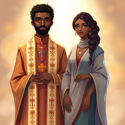 An illustration of a brown man dressed in beautifully designed holy garments, showcasing rich fabrics with intricate patterns and symbols of spirituality