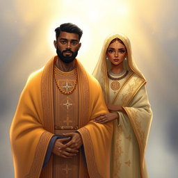 An illustration of a brown man dressed in beautifully designed holy garments, showcasing rich fabrics with intricate patterns and symbols of spirituality