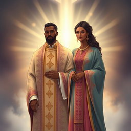 An illustration of a brown man dressed in beautifully designed holy garments, showcasing rich fabrics with intricate patterns and symbols of spirituality