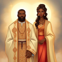 An illustration of a brown man dressed in beautifully designed holy garments, showcasing rich fabrics with intricate patterns and symbols of spirituality