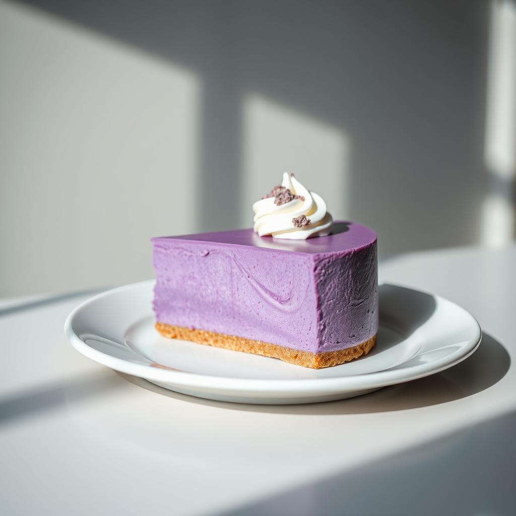 A beautifully minimalist presentation of ube cheesecake, showcasing its rich purple color and creamy texture