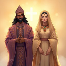 An illustration art piece featuring a brown man clad in stunning holy garments rich with detail and ornate designs, reflecting spirituality and tradition