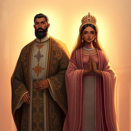 An illustration art piece featuring a brown man clad in stunning holy garments rich with detail and ornate designs, reflecting spirituality and tradition