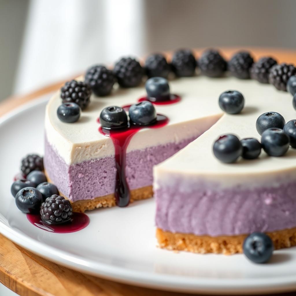 An elegant and minimalist presentation of ube blueberry cheesecake, featuring a luscious purple base topped with fresh blueberries
