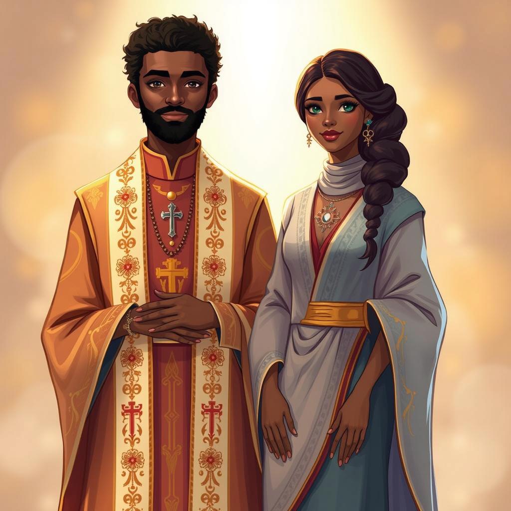 An illustrated depiction of a brown man dressed in ornate holy garments with intricate designs, standing beside a brown woman in a flowing, elegant gown
