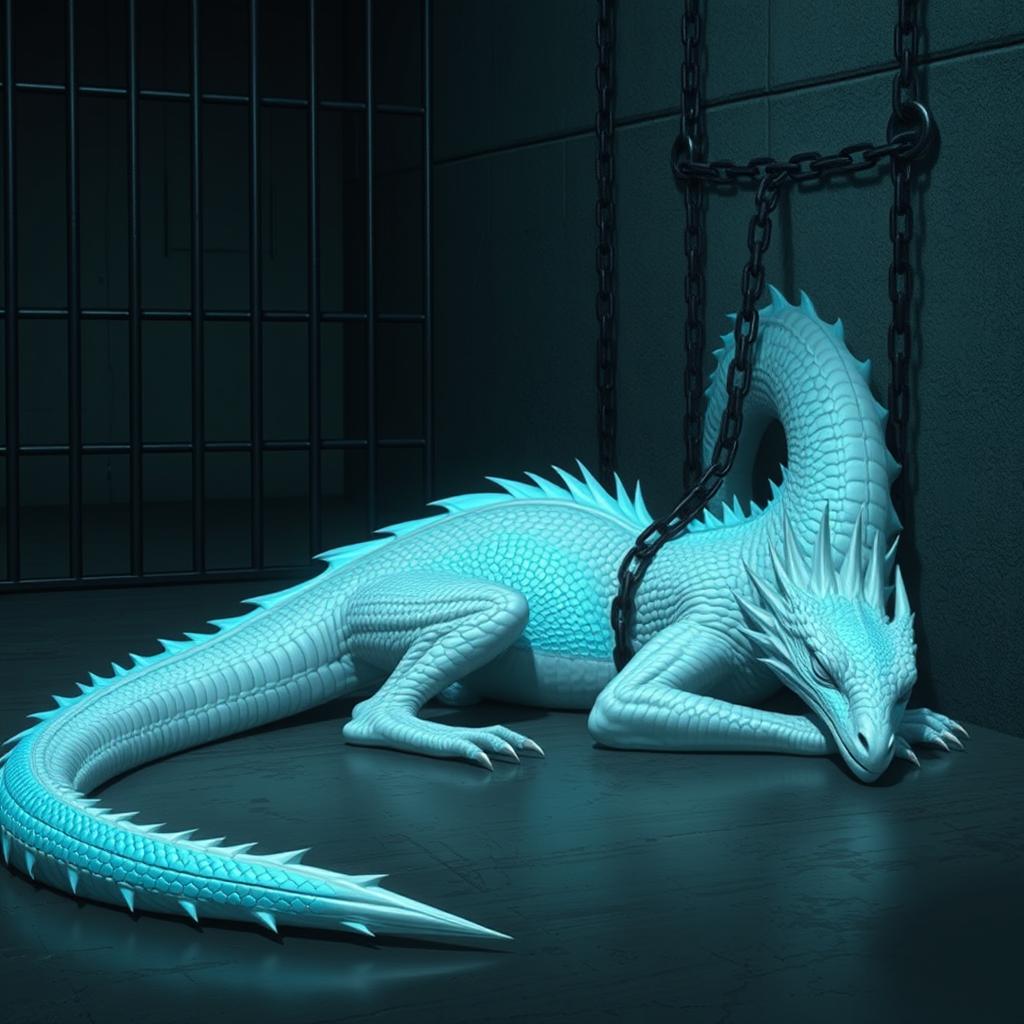 An elegant, slender male dragon lying on the ground of a prison cell