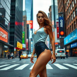 Create a super realistic, high-resolution photoshoot of a beautiful, sexy, and glamorous woman standing in the middle of a city