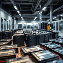 A detailed and modern scene featuring battery packs, prominently displaying lithium-ion battery technology