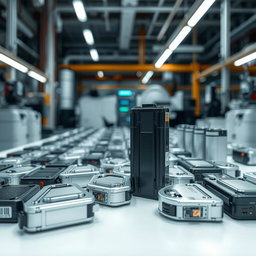 A detailed and modern scene featuring battery packs, prominently displaying lithium-ion battery technology