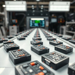 A detailed and modern scene featuring battery packs, prominently displaying lithium-ion battery technology