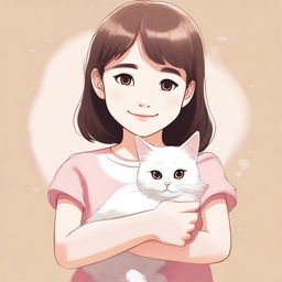 A high-quality digital art image featuring a young girl holding a fluffy domestic cat