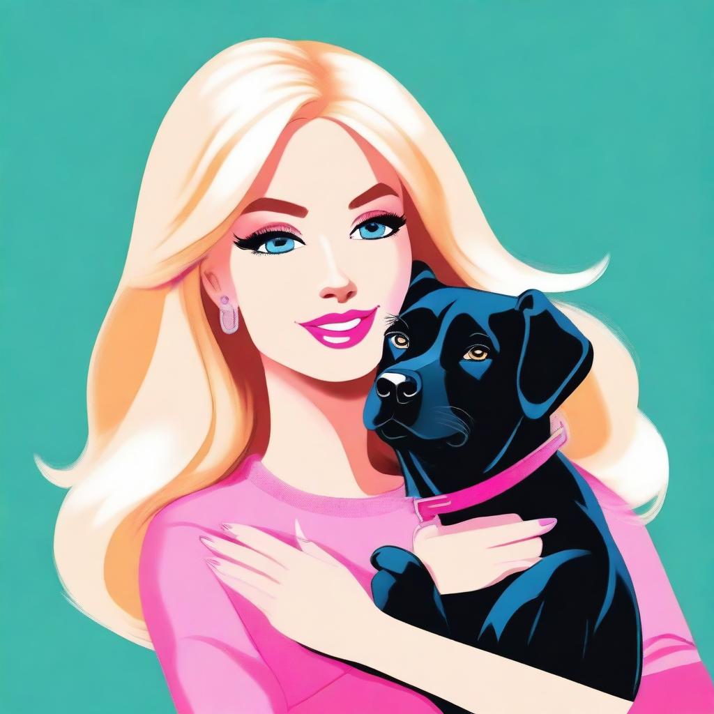 A high-quality digital art image, showcasing a blonde woman, styled in the likeness of Barbie, warmly hugging a black retriever dog