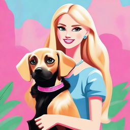 A high-quality digital art image, showcasing a blonde woman, styled in the likeness of Barbie, warmly hugging a black retriever dog