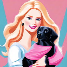 A high-quality digital art image, showcasing a blonde woman, styled in the likeness of Barbie, warmly hugging a black retriever dog