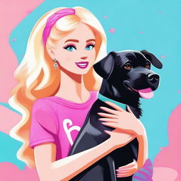 A high-quality digital art image, showcasing a blonde woman, styled in the likeness of Barbie, warmly hugging a black retriever dog