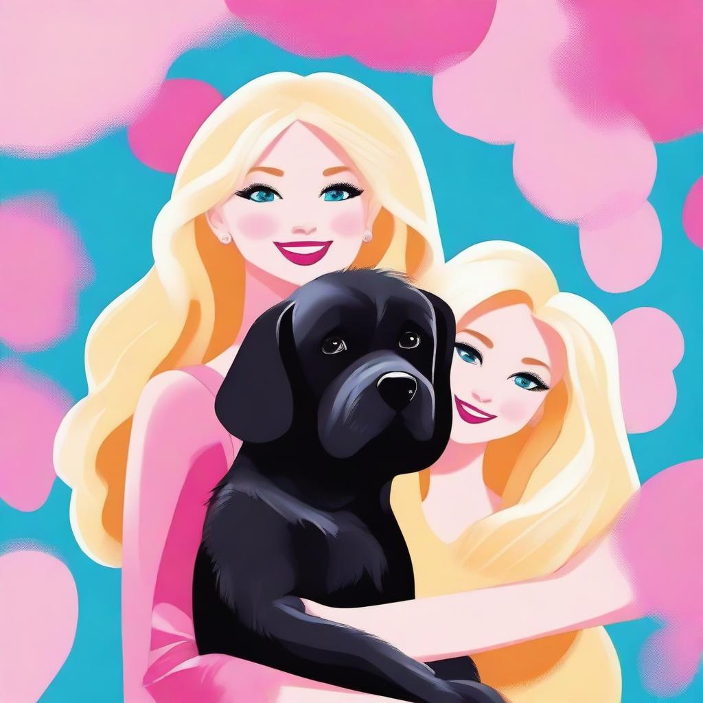 This is a high-quality digital art piece depicting a scene where a blonde woman, resembling Barbie, is lovingly hugging a large, black, fluffy dog