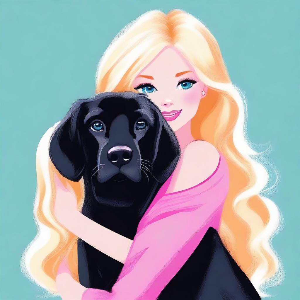 This is a high-quality digital art piece depicting a scene where a blonde woman, resembling Barbie, is lovingly hugging a large, black, fluffy dog