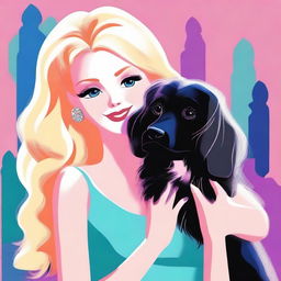 This is a high-quality digital art piece depicting a scene where a blonde woman, resembling Barbie, is lovingly hugging a large, black, fluffy dog