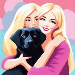 This is a high-quality digital art piece depicting a scene where a blonde woman, resembling Barbie, is lovingly hugging a large, black, fluffy dog