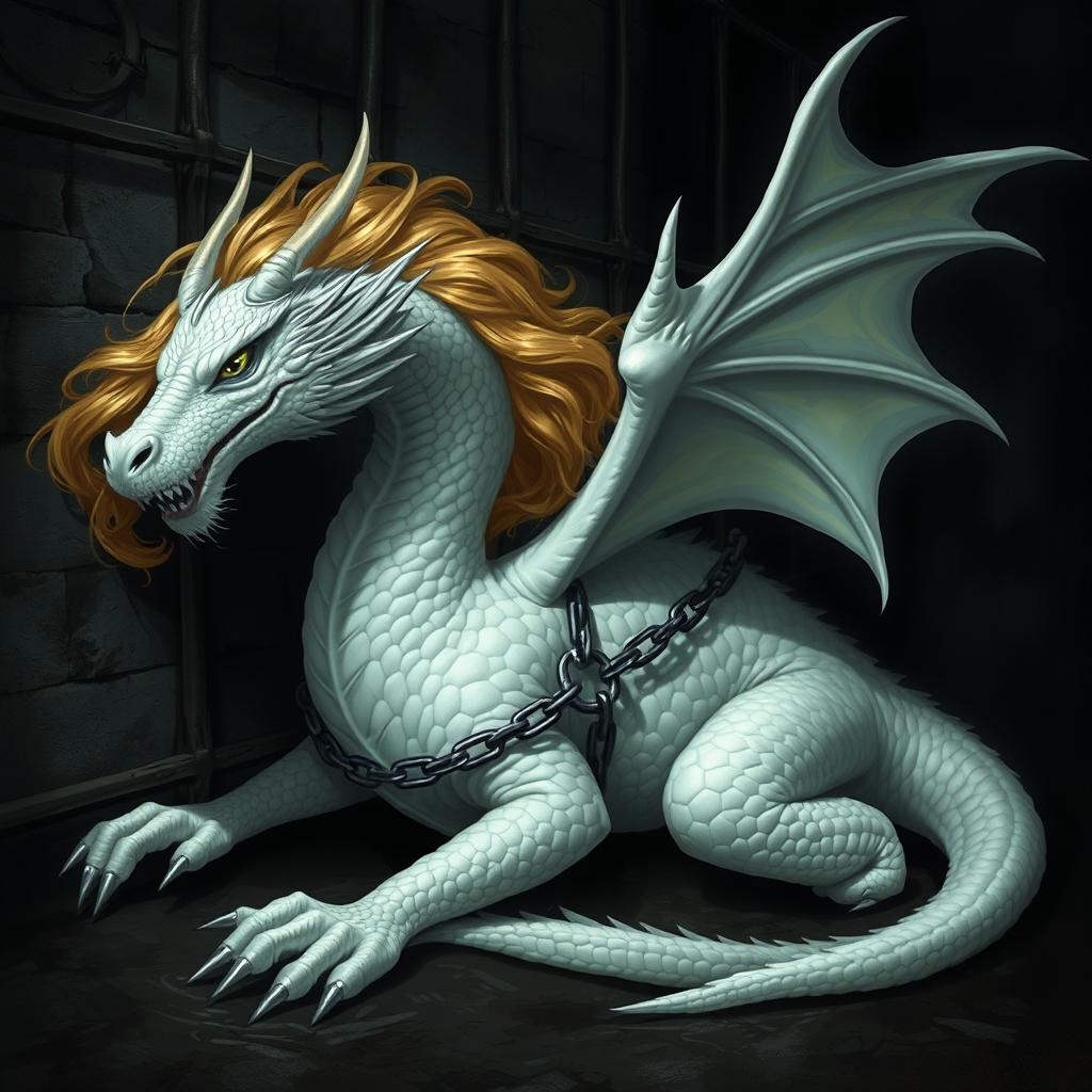 A majestic and beautiful white dragon resembling a serpent, with flowing golden hair, is chained with thick black chains against the wall of a dark prison