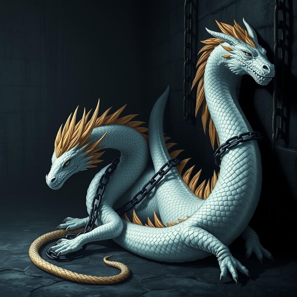 A majestic and beautiful white dragon resembling a serpent, with luxurious golden mane and short limbs, is chained with thick black chains against the wall of a dark prison