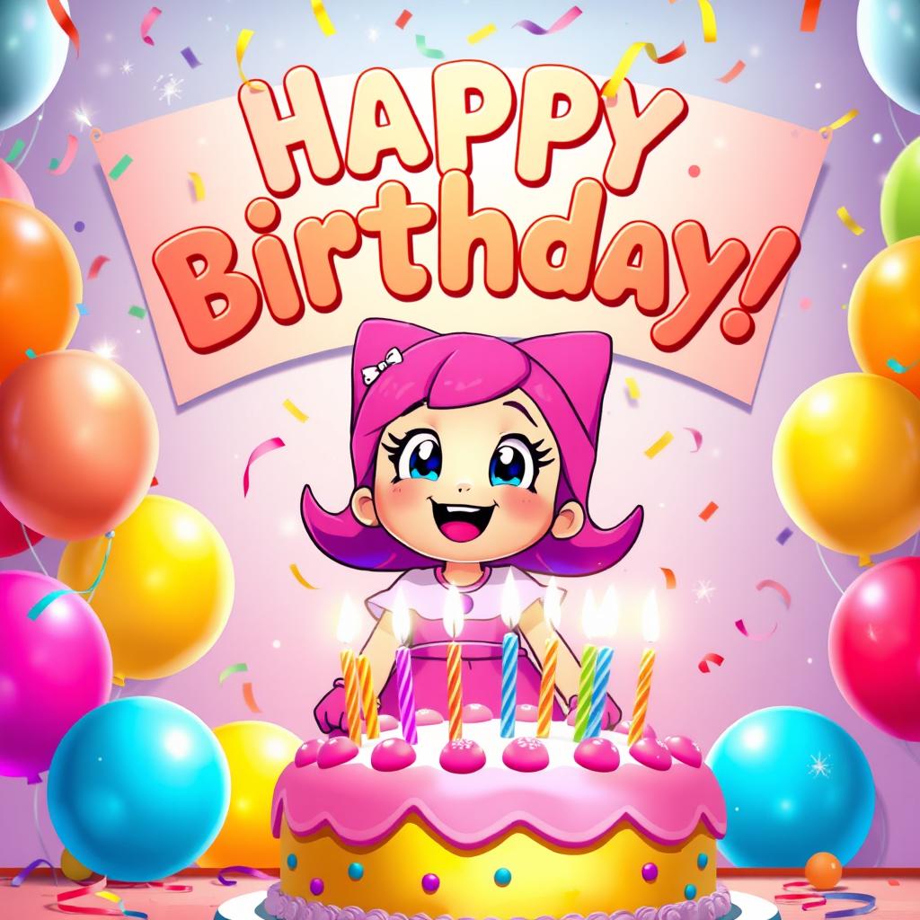 A cheerful and festive birthday scene featuring the character Melody