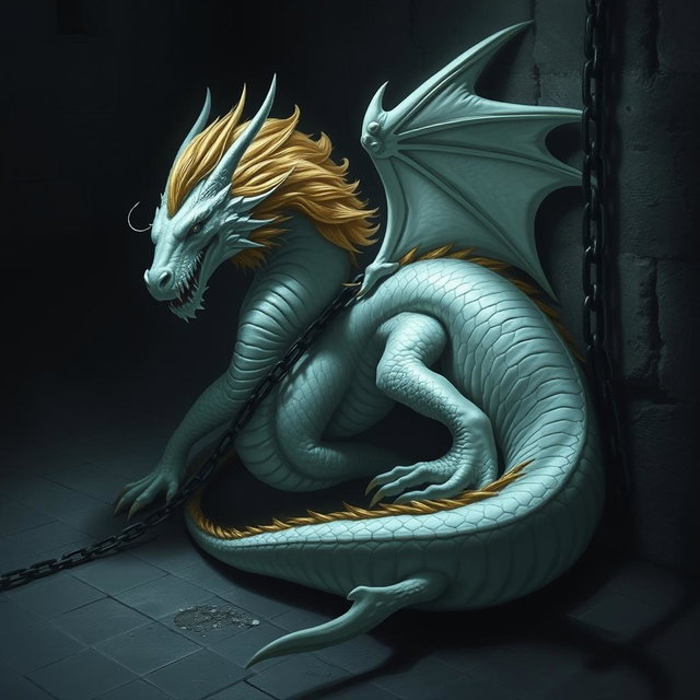 Majestic White Dragon in Shadowed Captivity