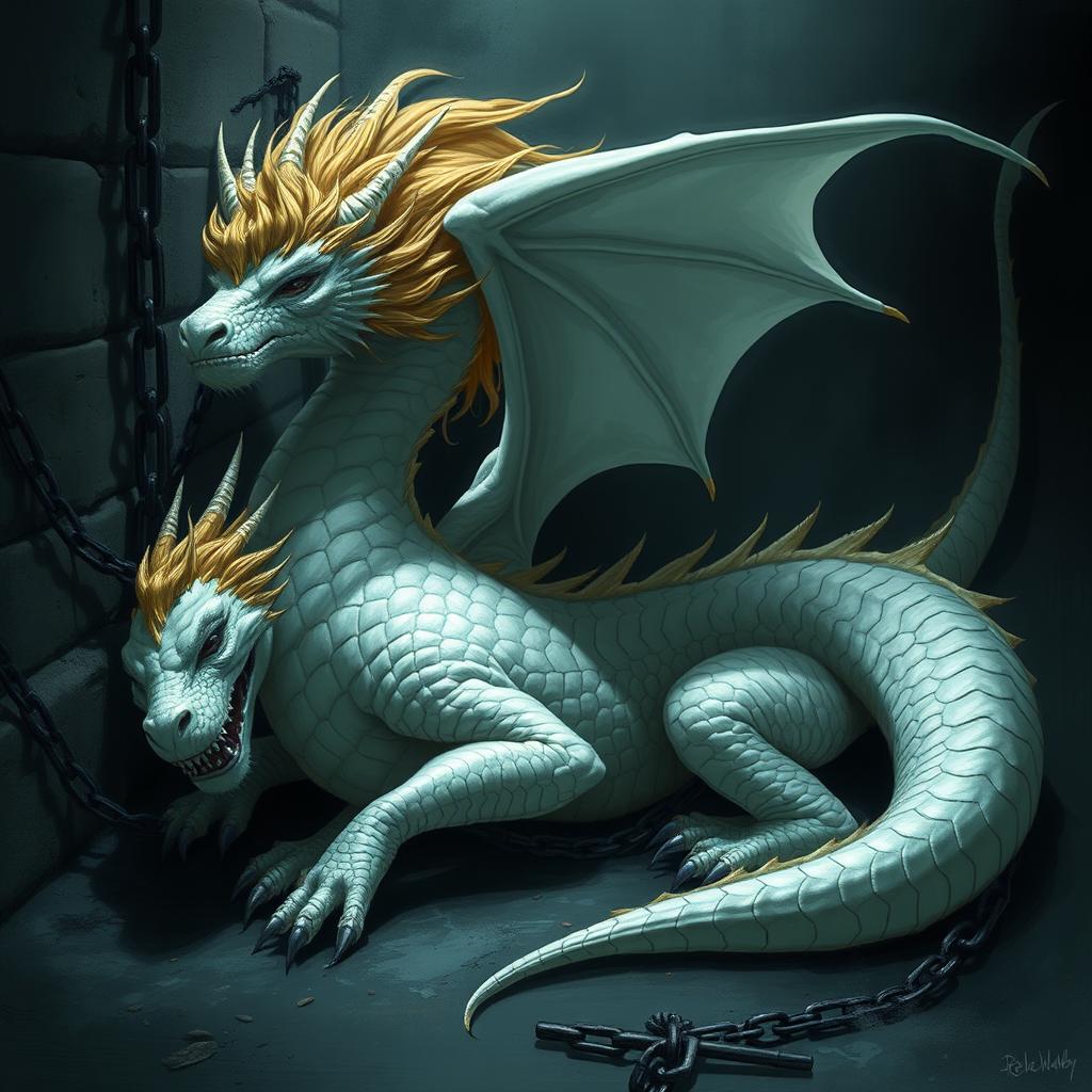 Majestic White Dragon in Dark Cell