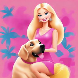 A vibrant digital art piece featuring a blonde woman in the style of a Barbie cartoon character