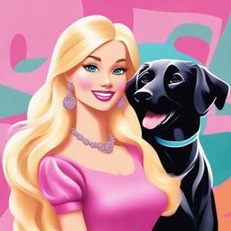 A vibrant digital art piece featuring a blonde woman in the style of a Barbie cartoon character