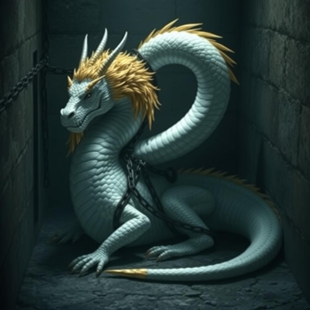 A beautiful and majestic white dragon that resembles a serpent, featuring golden mane and short limbs, is imprisoned in a dark cell