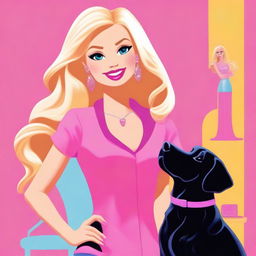 A vibrant digital art piece featuring a blonde woman in the style of a Barbie cartoon character