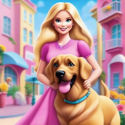 A digital art piece in the style of a Barbie cartoon, featuring a blonde woman with mid-length hair