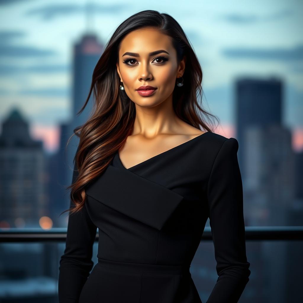 A sophisticated, elegant portrait of a stylish woman in a formal black dress, standing confidently