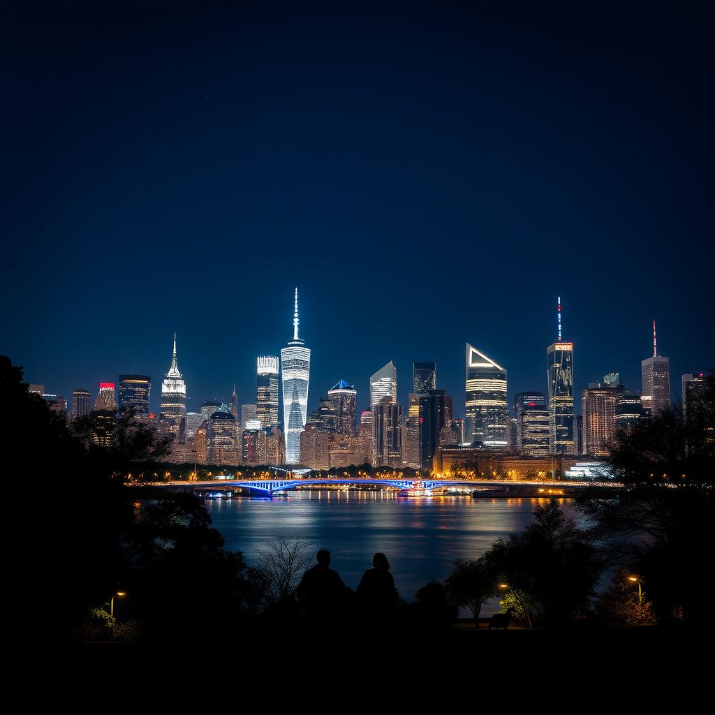 A breathtaking nighttime skyline view of a bustling city, illuminated by countless city lights reflecting off sleek skyscrapers