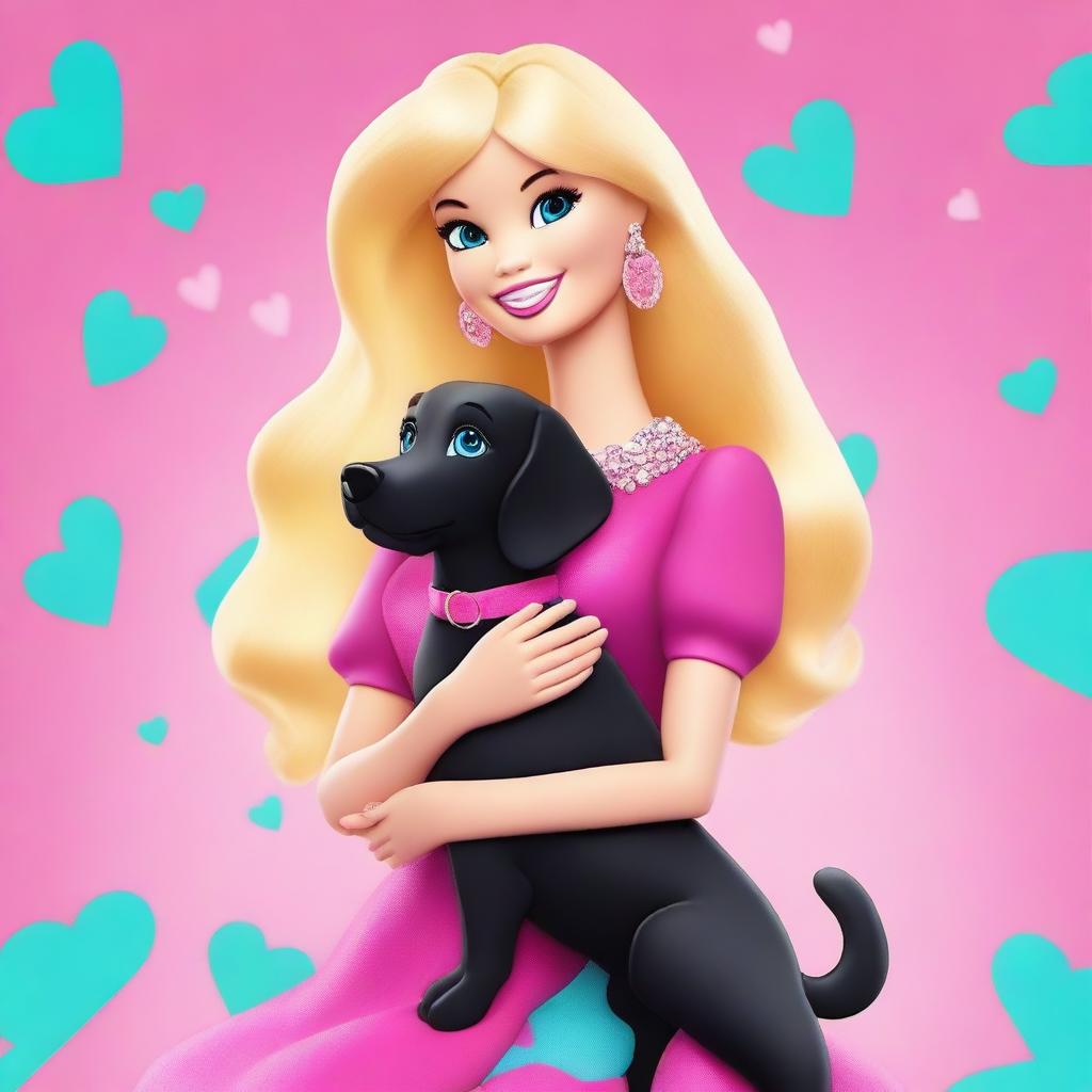 A lively digital art piece depicting a blonde Barbie in a warm embrace with a big black retriever